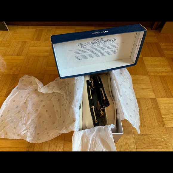 Sperry Top Sider Boat Shoe Flat Beige Black Gold 6 - Picture 16 of 16